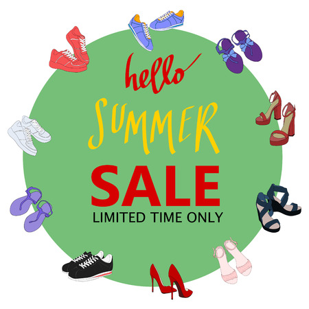 Summer sale, big discounts. Flyer template, hand drawn banner. Vector illustration.のイラスト素材