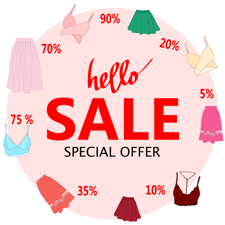 Summer sale, big discounts. Flyer template, hand drawn banner. Vector illustration.のイラスト素材