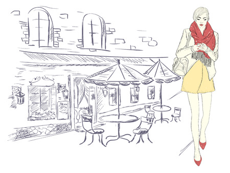 Fashion girl in the big city on the background of architecture.のイラスト素材