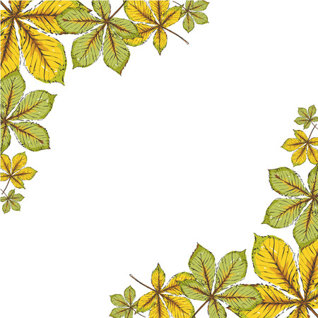 Postcard with colorful autumn leaves. Frame of autumn leaves with a white background.  Hand drawn vector illustration.のイラスト素材
