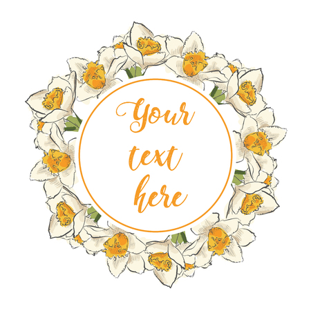 Floral Greeting Card with Blooming garden flowers. Wreath of flowers with white background.  Hand drawn vector illustration.のイラスト素材