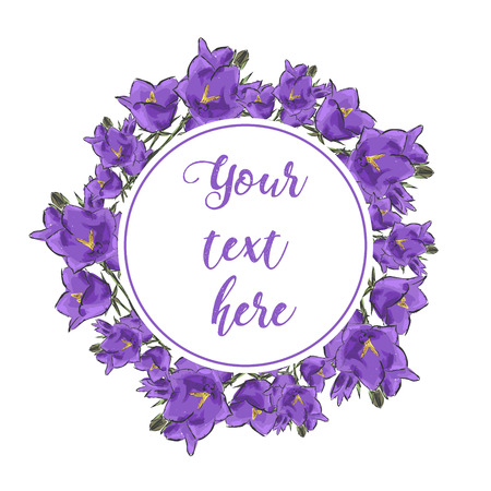 Floral Greeting Card with Blooming garden flowers. Wreath of flowers with white background.  Hand drawn vector illustration.のイラスト素材