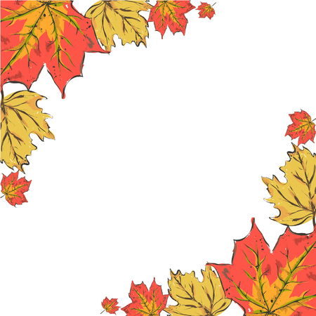 Postcard with colorful autumn leaves. Frame of autumn leaves with a white background.  Hand drawn vector illustration.のイラスト素材