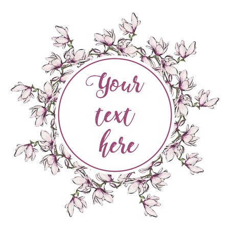 Floral Greeting Card with Blooming garden flowers. Wreath of flowers with white background.  Hand drawn vector illustration.のイラスト素材