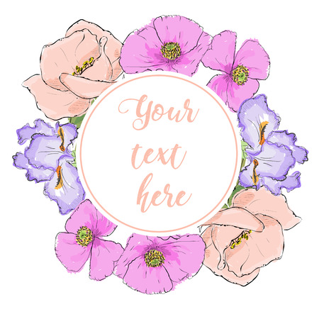 Floral Greeting Card with Blooming garden flowers. Wreath of flowers with white background.  Hand drawn vector illustration.のイラスト素材