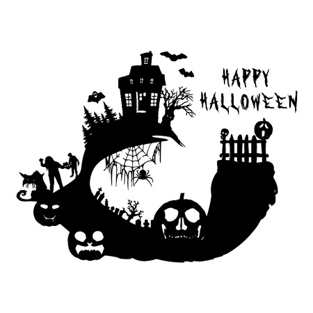 Halloween party. Pumpkin, castle, trees, bats and full moon. Halloween poster. Vector illustration.のイラスト素材