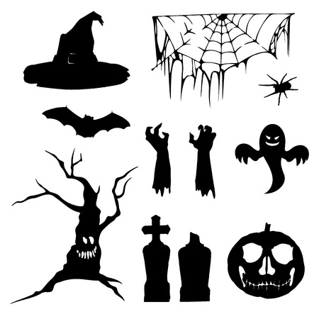 Halloween icons. Set of silhouettes for Halloween. Vector illustration on white background.のイラスト素材
