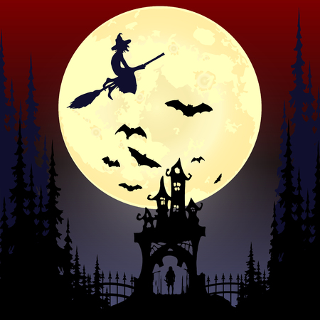 Halloween party. Pumpkin,  trees, bats and full moon. Halloween poster. Vector illustration.のイラスト素材