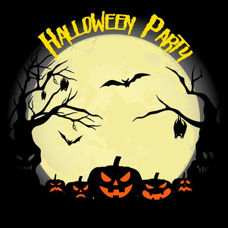 Halloween party. Pumpkin, bats and full moon. Halloween poster. Vector illustration.のイラスト素材