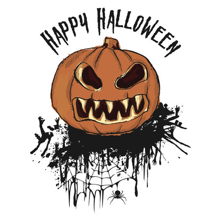 Halloween party. Hand drawn illustration of pumpkin  isolated from background.  Greeting card.  Halloween poster.のイラスト素材