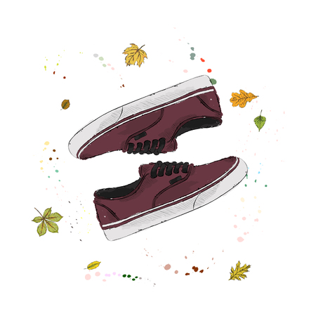 Modern burgundy sneakers. Shoes on the background of autumn leaves and drops of watercolor. Hand drawn vector illustration on a white background.のイラスト素材