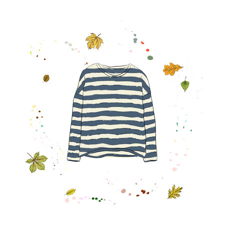 Pullover in black and white stripes. Clothing on the background of autumn leaves and drops of watercolor. Hand drawn vector illustration on a white background.のイラスト素材