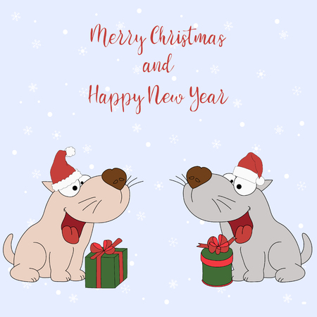 Merry Christmas and Happy New Year. Cartoon greeting card with two puppies with gifts on the background snowflakes.のイラスト素材
