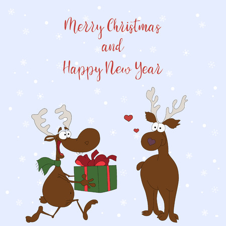 Merry Christmas and Happy New Year. Cartoon greeting card with a deer who gives a gift to another deer on the background snowflakes.のイラスト素材