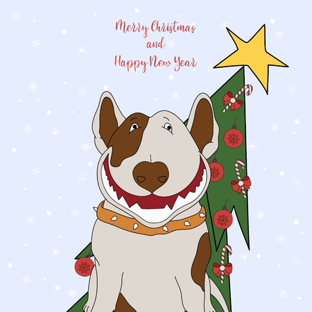 Merry Christmas and Happy New Year. Cartoon greeting card with a smiling dog with a Christmas tree on the background snowflakes.のイラスト素材