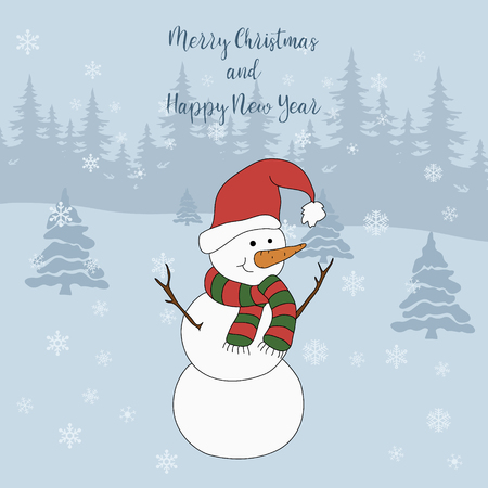 Merry Christmas and Happy New Year. Cartoon greeting card with snowman on the background of a forest, fir-trees, snowflakes.のイラスト素材
