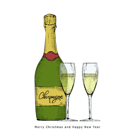 Realistic champagne bottle with glassesのイラスト素材
