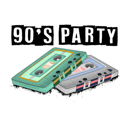 Old-fashioned tape audio cassette, symbol of retro music. Analog media for recording and listening to stereo music. 80's party,  pop music party 1990, vintage night. Easy editable poster design.
のイラスト素材