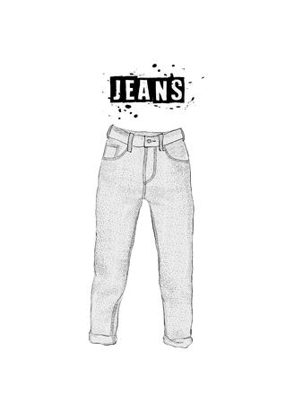 Vintage women's jeans in front views. Isolated on white background. Casual style. Hand drawn vector illustration for your fashion design.のイラスト素材