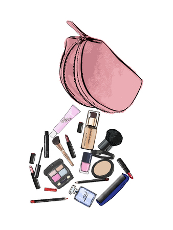 Make up products spilling out of a cosmetics bag and isolated on a white background. Vector illustration.のイラスト素材