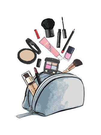 Make up products spilling out of a cosmetics bag and isolated on a white background. Vector illustration.のイラスト素材
