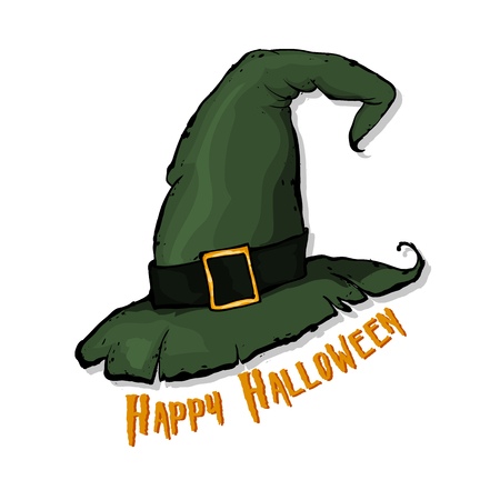 An illustration of a cartoon Halloween witch hat.  Happy Halloween. Hand drawn vector illustration.のイラスト素材