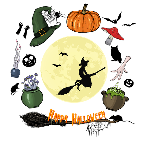 Happy Halloween graphic set. Halloween collection, witch attributes, creepy and spooky elements for halloween decorations, doodle silhouettes, sketch, sticker.  Hand drawn vector illustration.のイラスト素材