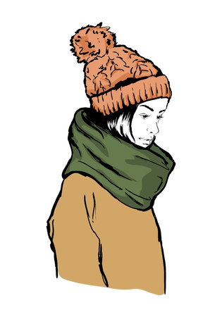 Portrait of a fashion young beautiful stylish girl in autumn hat. Model in the style of Casual. Sketch. Hand drawn vector illustration.のイラスト素材