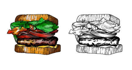 Raster fast food illustrations in the style of the sketch. Burgers, pizza, sandwiches, fries, burgers. High-quality detailed drawing of elements.の写真素材