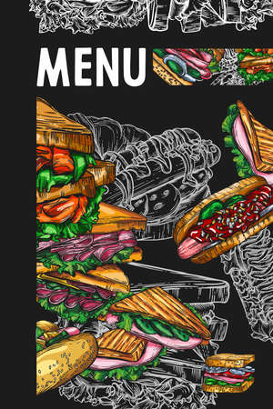 Fast food bitmap sketch colorful banners. Design templates with hand-drawn hamburger, sandwich, French friesの写真素材