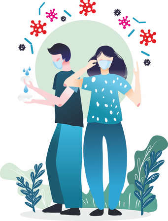 The concept of viral prevention. A group of people put on protective masks and wash their hands. Healths. People are closing up. A global epidemic or pandemic. Flat illustration.のイラスト素材