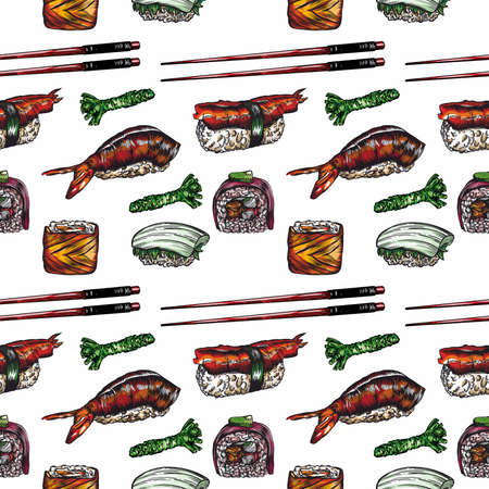 Vector print of rolls, sushi. Pattern. Line style, high detail. Rolls, sushi, wasabi, Chinese and Japanese food.のイラスト素材