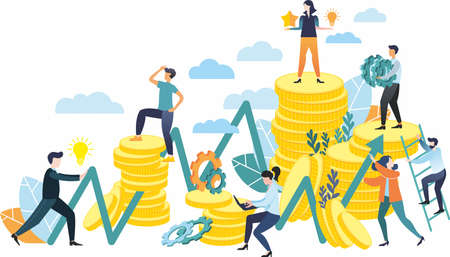 Vector illustration in a flat style. Teamwork. Conquering the peaks. Financial pyramid. Rivalry. Mountains of coins. Business idea.のイラスト素材