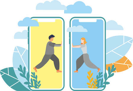 Vector graphics. Group of people. Teamwork. A man and a woman. Mobile phone. The concept of referral...