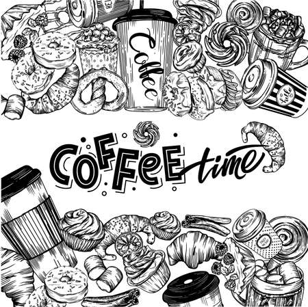 Vector illustration. Black and white line graphics. Coffee theme. Cover for the menu. Banner or postcard. Pastries, hot coffee.のイラスト素材