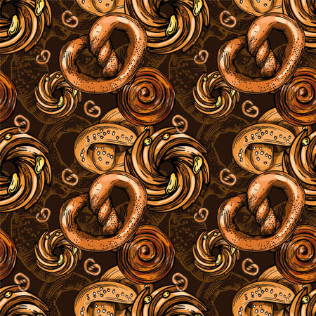 Seamless vector pattern. Illustration of donuts, pastries, cookies, croissants, muffins and homemade buns. Print for packaging, cover, menu, banner.のイラスト素材