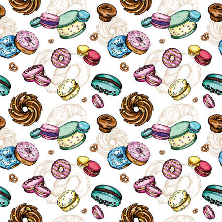 Seamless vector pattern. Illustration of donuts, pastries, cookies, croissants, muffins and homemade buns. Print for packaging, cover, menu, banner.の写真素材
