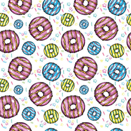 Seamless raster print with colored donuts. Bright, colorful pattern for packaging paper, printing, covers and leaflets. Donuts and macaroons.の写真素材