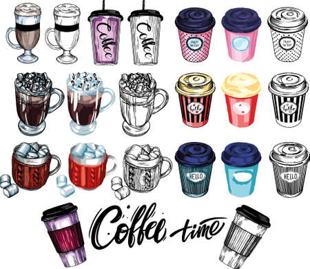 Vector coffee illustration. Coffee cups, different designs, bright pictures. Mulled wine, marshmallows, takeaway coffee, cappuccino, latte, cozy coffee.のイラスト素材
