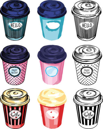 Vector coffee illustration. Coffee cups, different designs, bright pictures. Mulled wine, marshmallows, takeaway coffee, cappuccino, latte, cozy coffee.のイラスト素材
