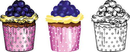 Vector illustration. Sweet pastries, delicious cakes, bright colors and juicy details. Cakes, muffins, desserts, cream, berries and fruty.のイラスト素材