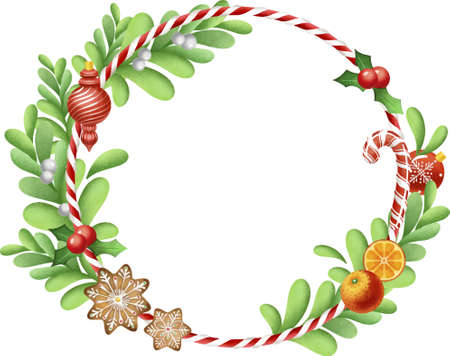 Christmas round vector greeting card. With Christmas toys, gingerbread, Christmas trees, gifts and berries, gingerbread house. Design for a holiday leaflet or banner.のイラスト素材