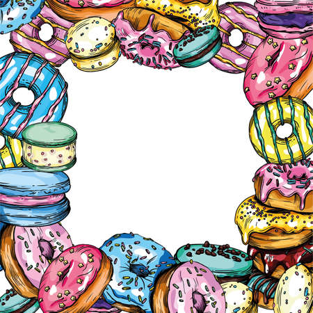 Vector illustration of donuts. Different donuts, macarons, cookies, icing, decoration. Bright postcards and colorful banners.のイラスト素材