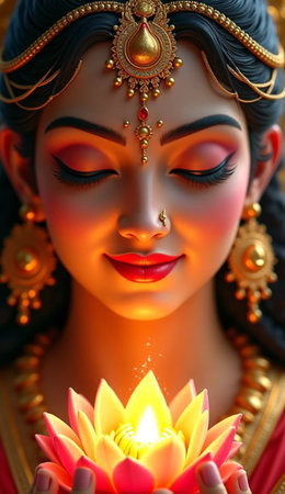 Beautiful face of goddess Ganesha with candle, closeupの素材
