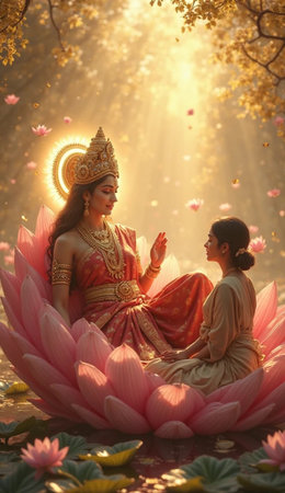 Beautiful asian bride and bridegroom sitting on lotus flowerの素材