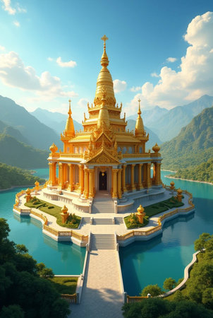 Golden pagoda on the lake in the mountains,3d renderの素材