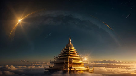 Pagoda in the clouds at sunset. 3D rendering.の素材
