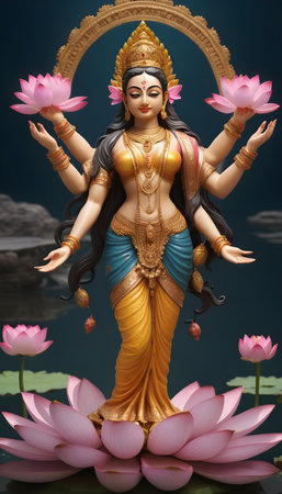 Goddess Saraswati with lotus flowers in pond.の素材