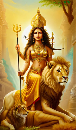 Beautiful Indian Goddess Durga with lion in the background, renderingの素材