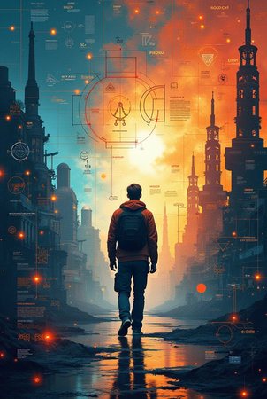 Back view of man walking on city street with glowing icons and symbolsの素材